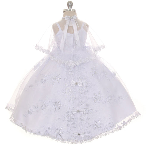 Rain Kids Little Girls White Embroidered Organza Cape Bows Baptism Dress 3-5 - SophiasStyle.com